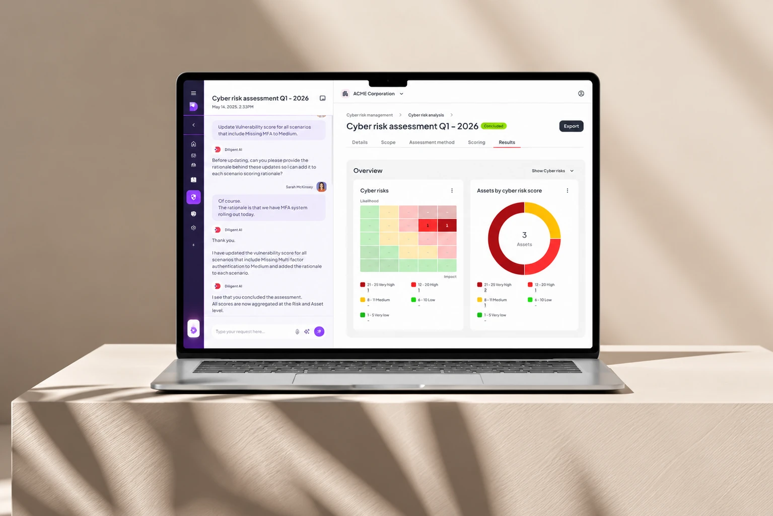 Cyber risk assessment dashboard on a laptop in natural daylight