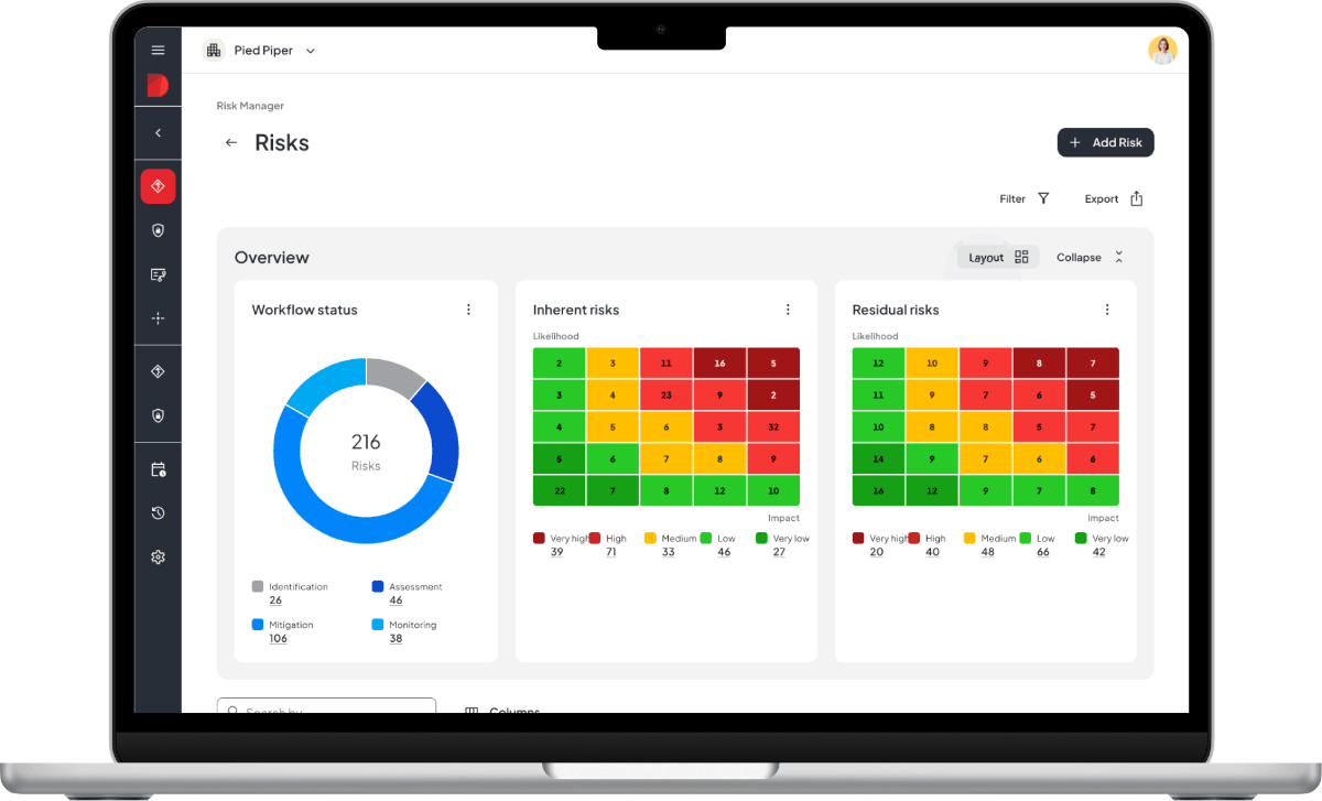Animated Risk Manager prototype showing the heatmap layout menu