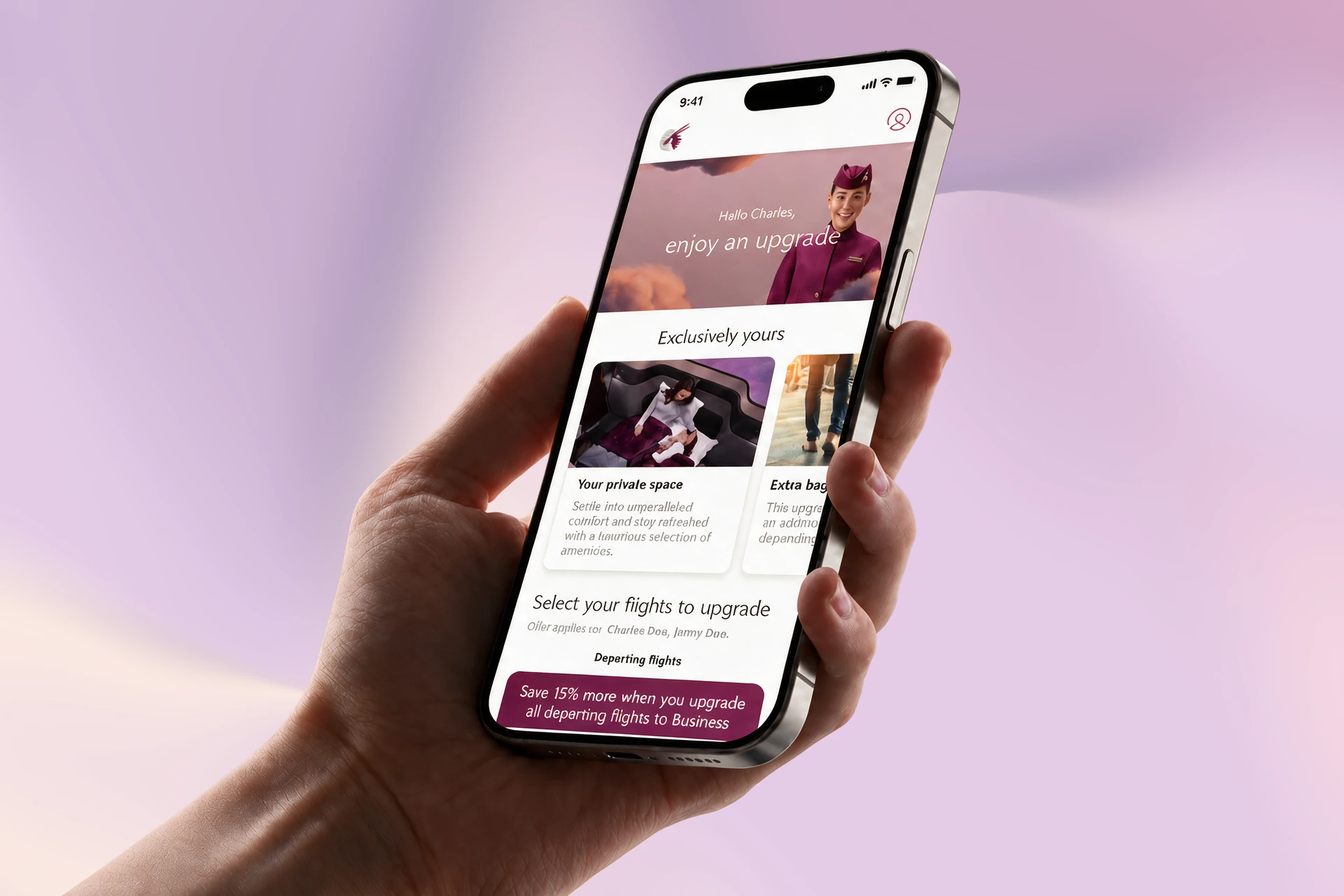 Qatar Airways upgrade app on a silver phone held in one hand against a soft lavender and mauve abstract background
