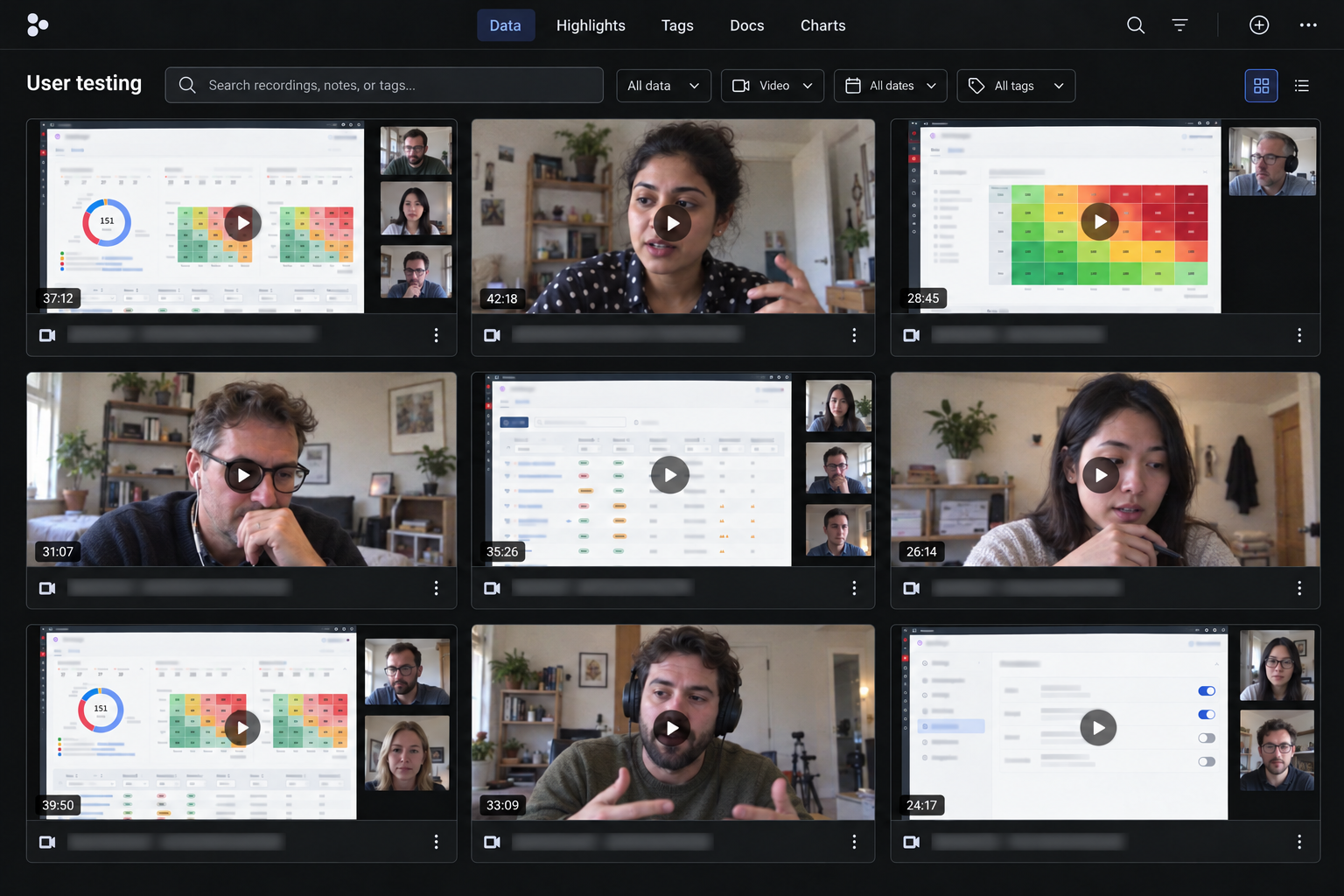 AI-generated illustrative reconstruction of an anonymised research workspace showing nine user testing video recordings